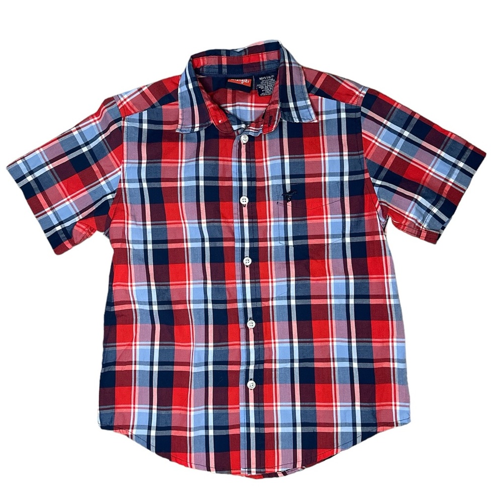 Wrangler Boy's Western Red Blue Plaid Short Sleeve Button Down Shirt Small 6/7
